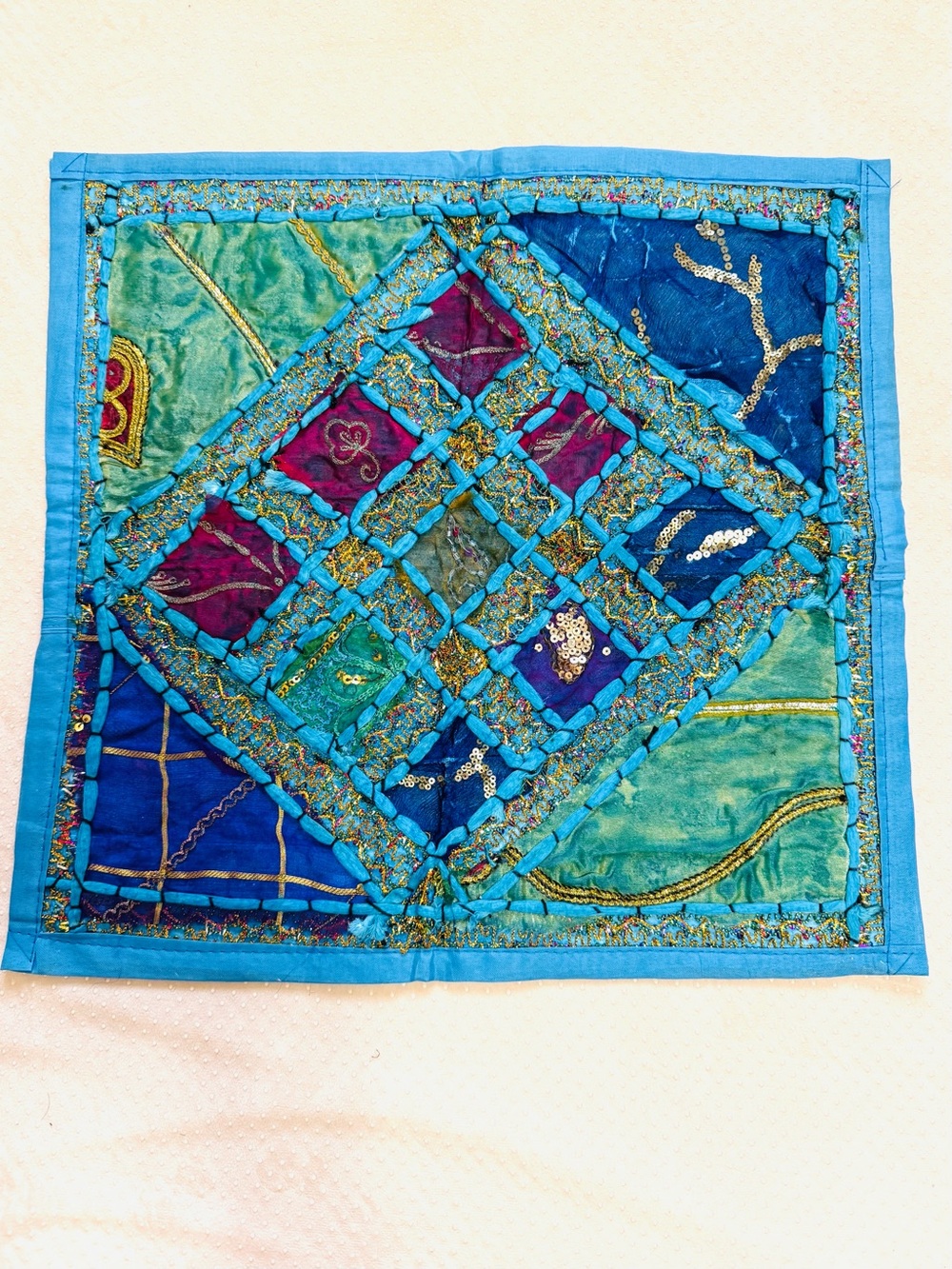 Handcrafted Turquoise Embellished Patchwork Pillow Cover